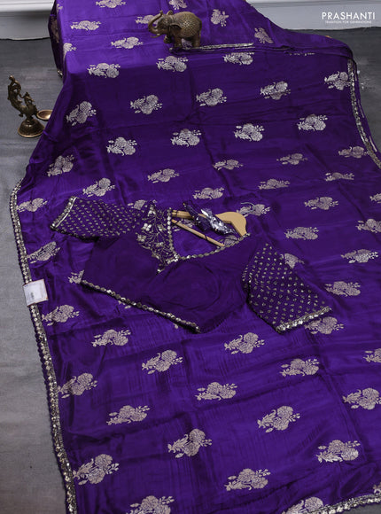 Banarasi silk saree violet with zari woven floral buttas and beaded embroidery readymade blouse