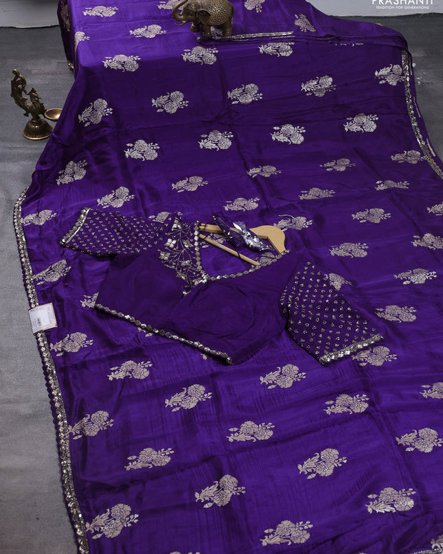 Banarasi silk saree violet with zari woven floral buttas and beaded embroidery readymade blouse