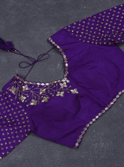 Banarasi silk saree violet with zari woven floral buttas and beaded embroidery readymade blouse