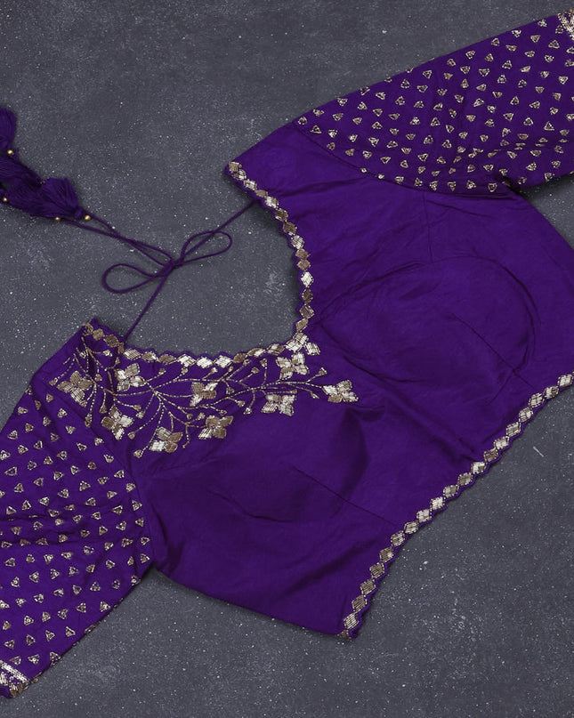 Banarasi silk saree violet with zari woven floral buttas and beaded embroidery readymade blouse