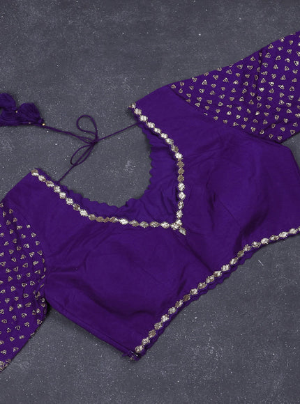 Banarasi silk saree violet with zari woven floral buttas and beaded embroidery readymade blouse
