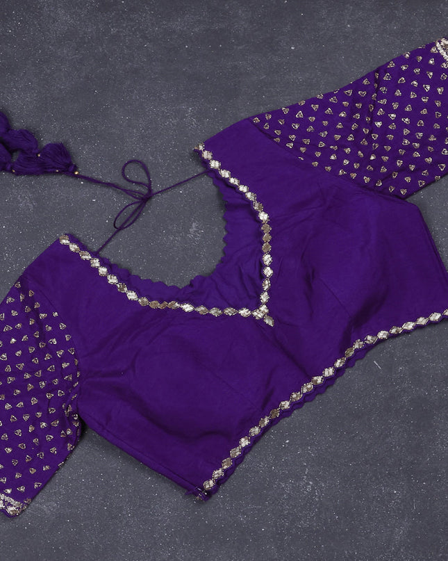 Banarasi silk saree violet with zari woven floral buttas and beaded embroidery readymade blouse