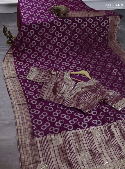 Munga silk saree purple with allover zari woven brocade pattern & gottapatti work and readymade blouse