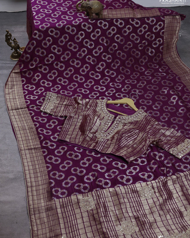 Munga silk saree purple with allover zari woven brocade pattern & gottapatti work and readymade blouse