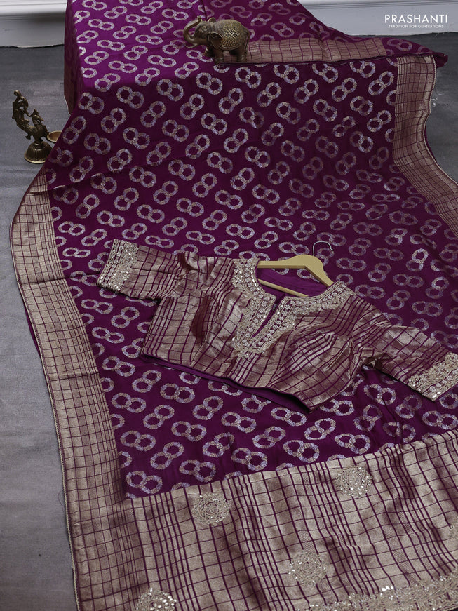 Munga silk saree purple with allover zari woven brocade pattern & gottapatti work and readymade blouse