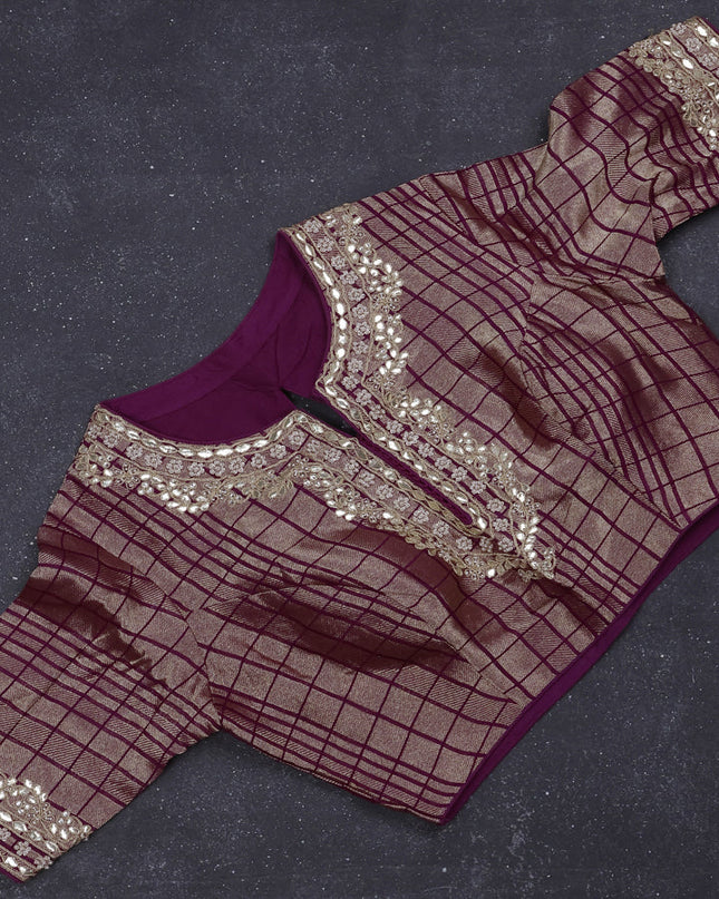 Munga silk saree purple with allover zari woven brocade pattern & gottapatti work and readymade blouse