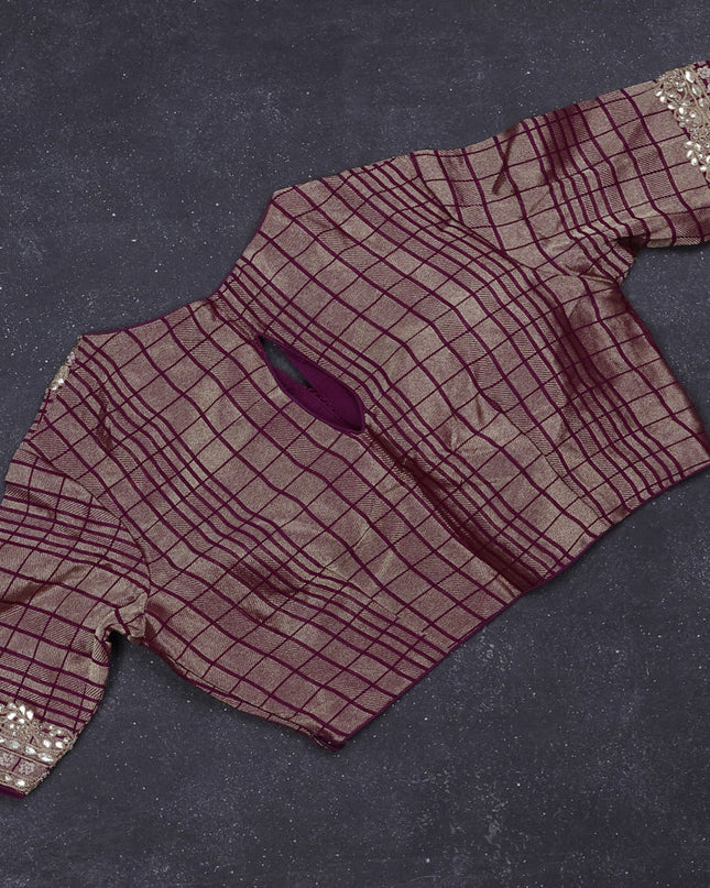 Munga silk saree purple with allover zari woven brocade pattern & gottapatti work and readymade blouse