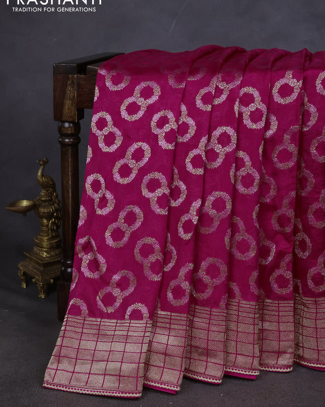 Munga silk saree pink with allover zari woven brocade pattern & gottapatti work and readymade blouse