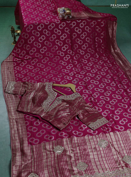 Munga silk saree pink with allover zari woven brocade pattern & gottapatti work and readymade blouse