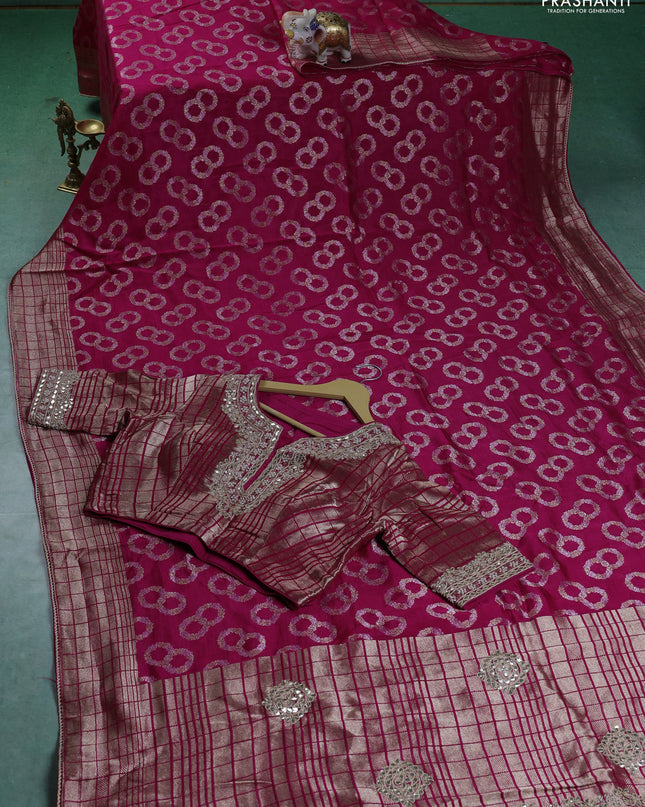 Munga silk saree pink with allover zari woven brocade pattern & gottapatti work and readymade blouse