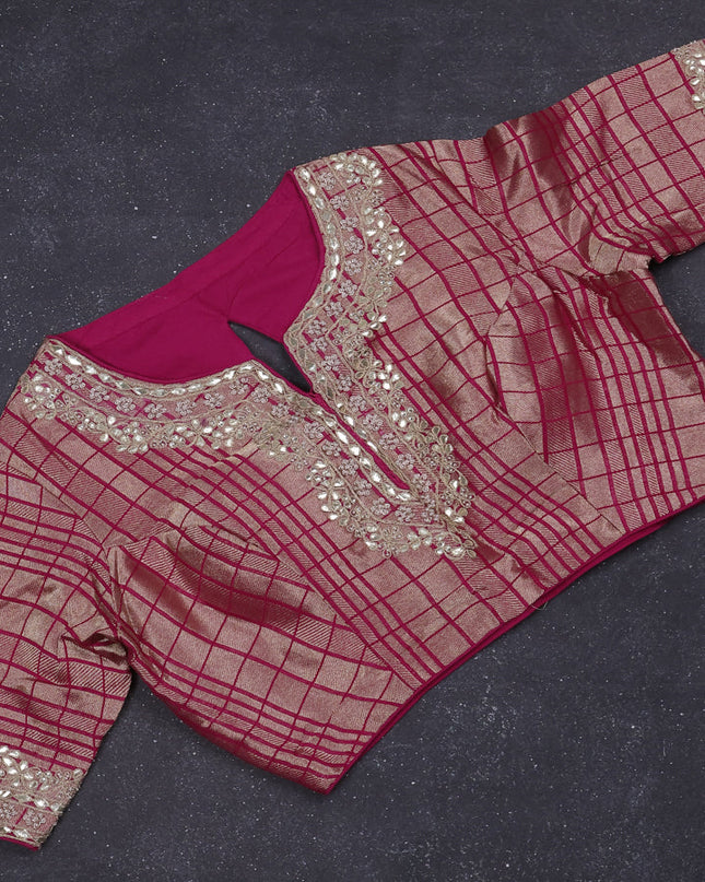 Munga silk saree pink with allover zari woven brocade pattern & gottapatti work and readymade blouse