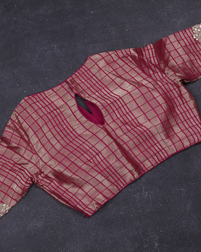 Munga silk saree pink with allover zari woven brocade pattern & gottapatti work and readymade blouse
