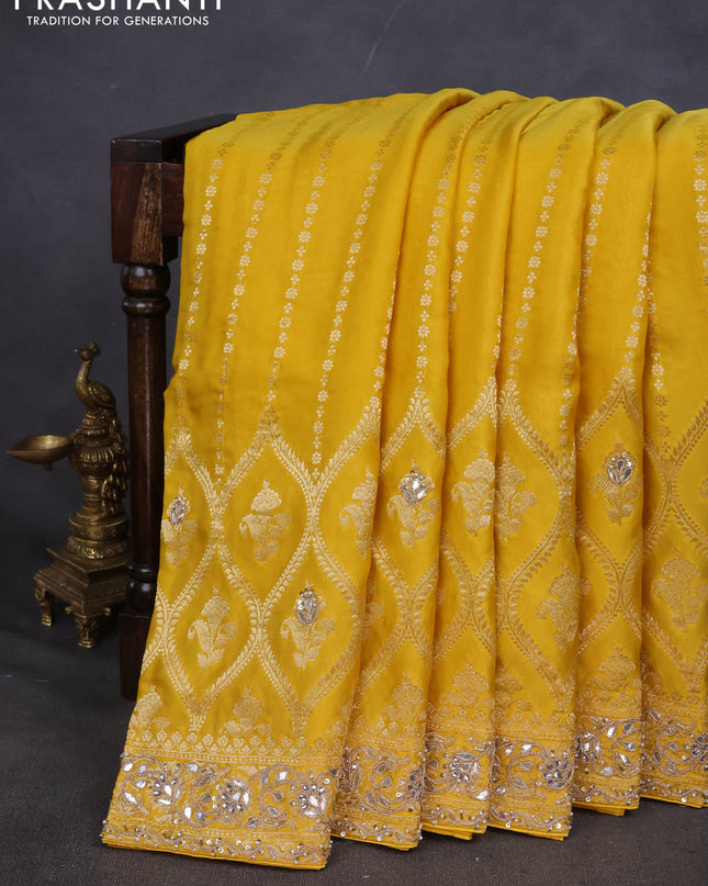 Banarasi silk saree yellow with zari woven brocade weaves & gottapatti work