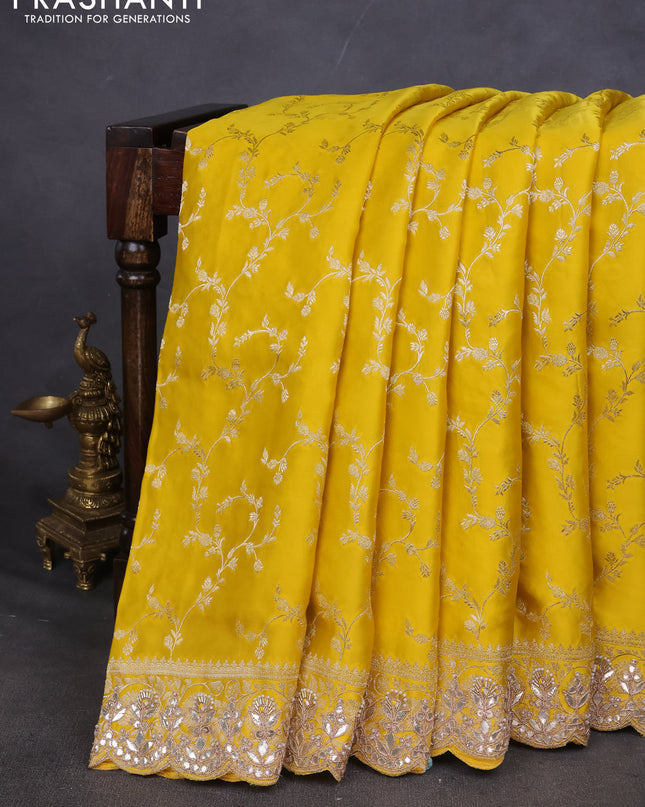 Banarasi silk saree yellow with allover zari woven brocade pattern and gottapatti work border