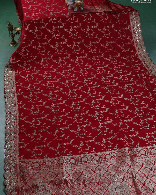 Banarasi silk saree red with allover zari woven brocade pattern and gottapatti work border