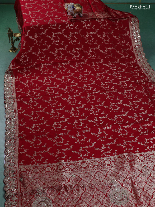 Banarasi silk saree red with allover zari woven brocade pattern and gottapatti work border