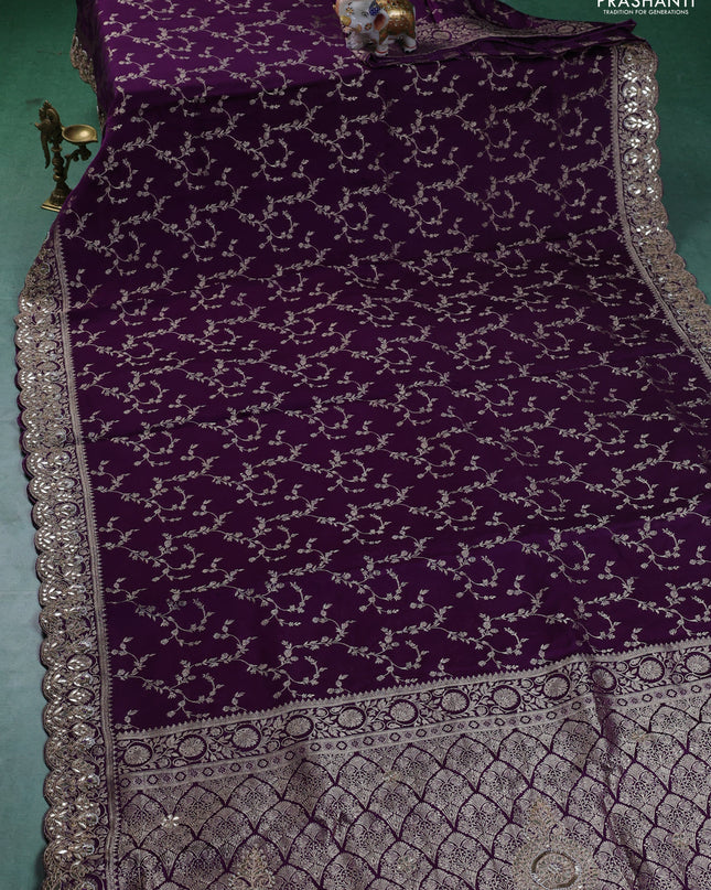 Banarasi silk saree violet with allover zari woven brocade pattern and gottapatti work border