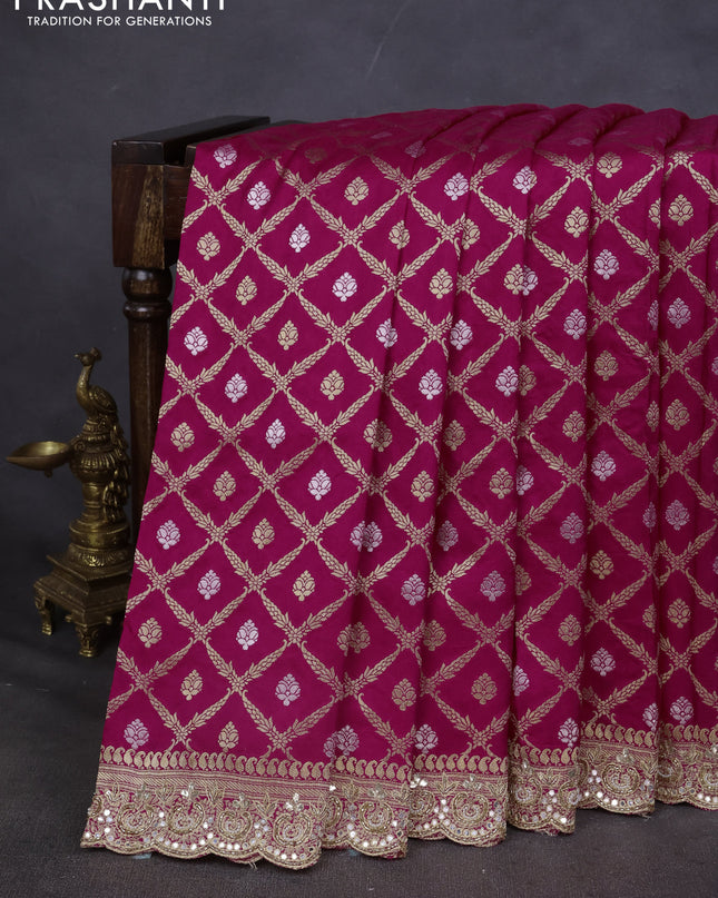 Banarasi silk saree pink with allover zari woven brocade pattern and embroidery work border