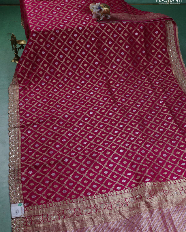 Banarasi silk saree pink with allover zari woven brocade pattern and embroidery work border