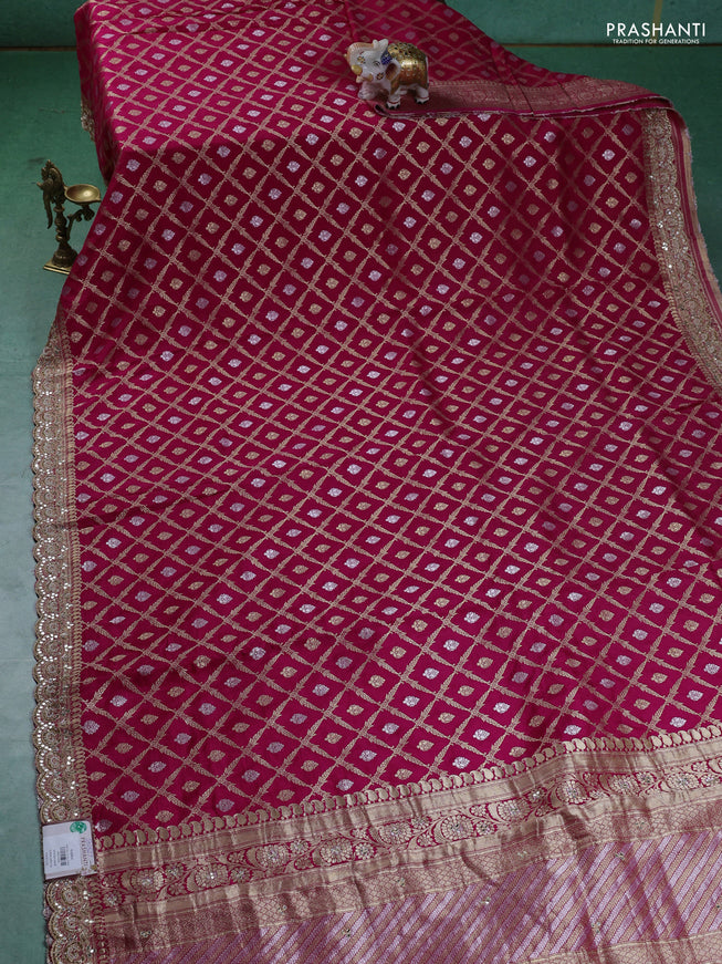 Banarasi silk saree pink with allover zari woven brocade pattern and embroidery work border