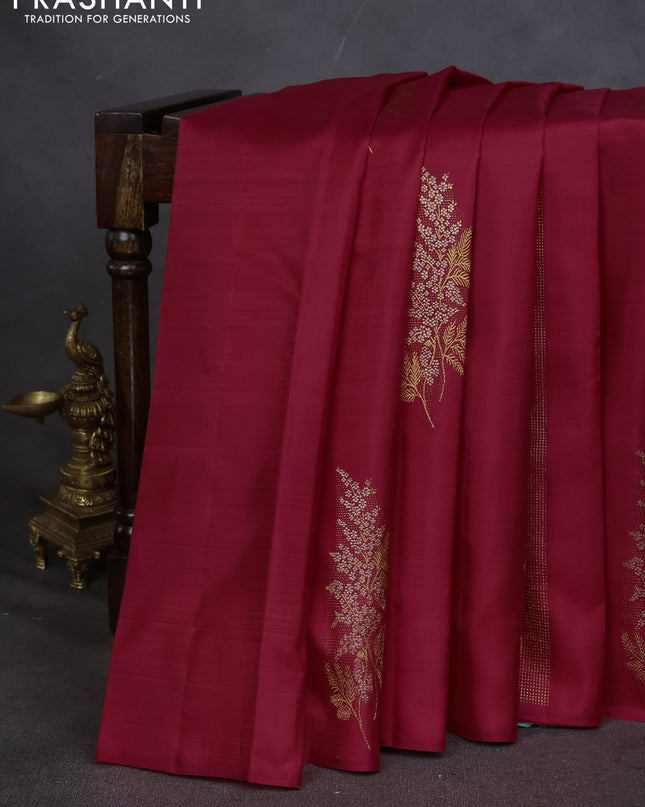 Pure kanchipuram silk saree red and teal green with zari weaves & buttas in borderless style