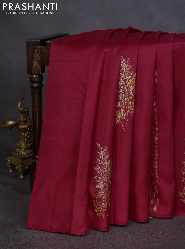 Pure kanchipuram silk saree red and teal green with zari weaves & buttas in borderless style