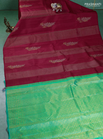 Pure kanchipuram silk saree red and teal green with zari weaves & buttas in borderless style