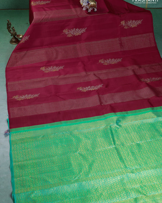 Pure kanchipuram silk saree red and teal green with zari weaves & buttas in borderless style