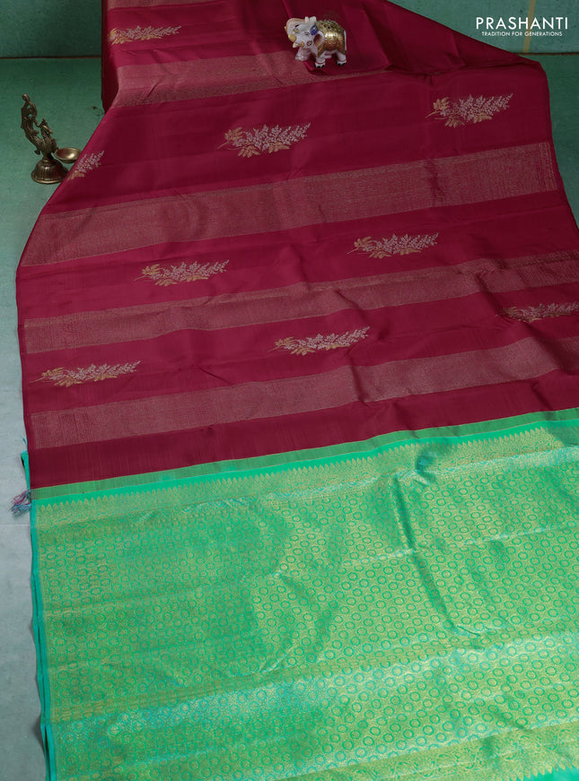 Pure kanchipuram silk saree red and teal green with zari weaves & buttas in borderless style