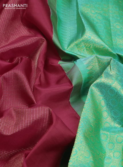 Pure kanchipuram silk saree red and teal green with zari weaves & buttas in borderless style
