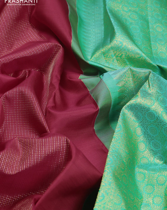 Pure kanchipuram silk saree red and teal green with zari weaves & buttas in borderless style