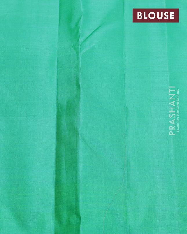 Pure kanchipuram silk saree red and teal green with zari weaves & buttas in borderless style