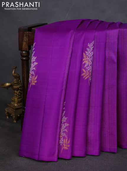 Pure kanchipuram silk saree purple and teal shade with zari weaves & buttas in borderless style