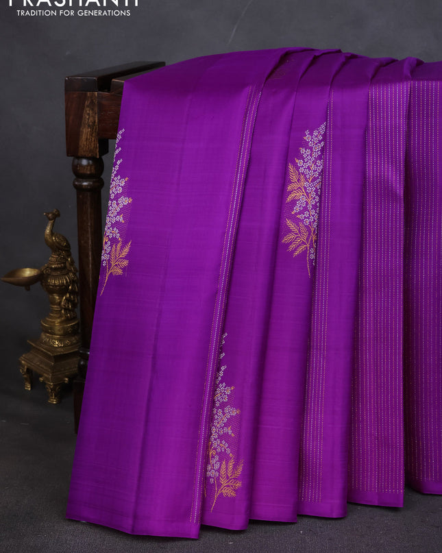 Pure kanchipuram silk saree purple and teal shade with zari weaves & buttas in borderless style