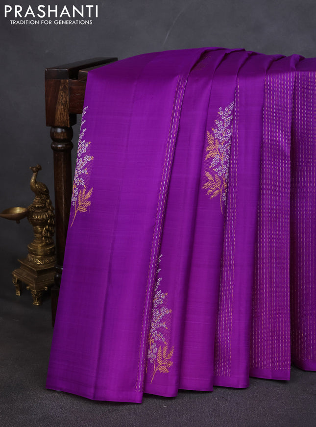 Pure kanchipuram silk saree purple and teal shade with zari weaves & buttas in borderless style