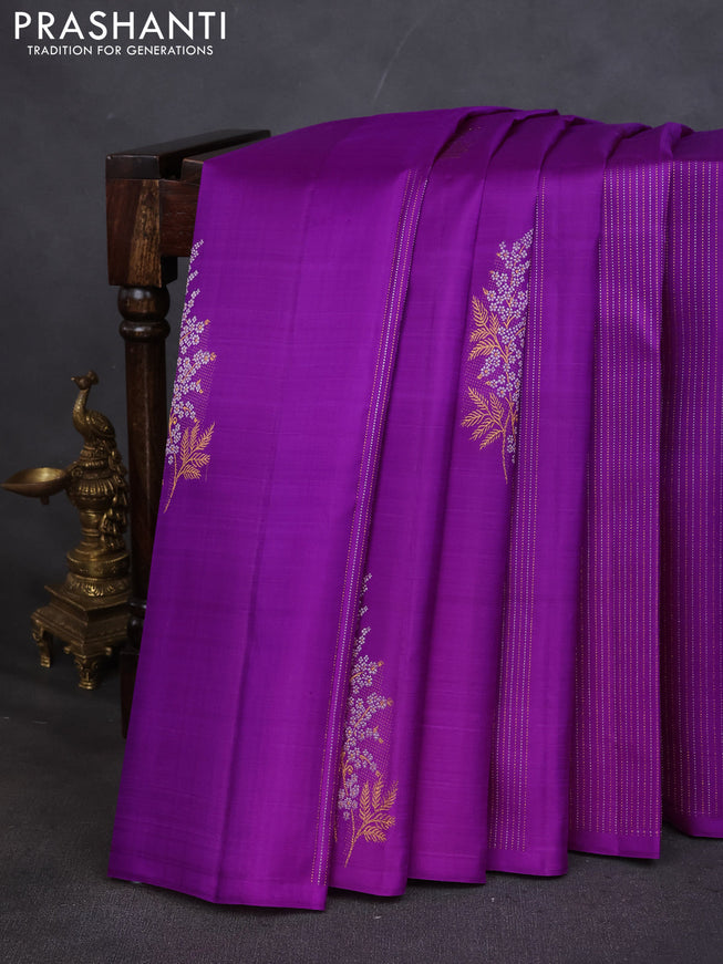 Pure kanchipuram silk saree purple and teal shade with zari weaves & buttas in borderless style