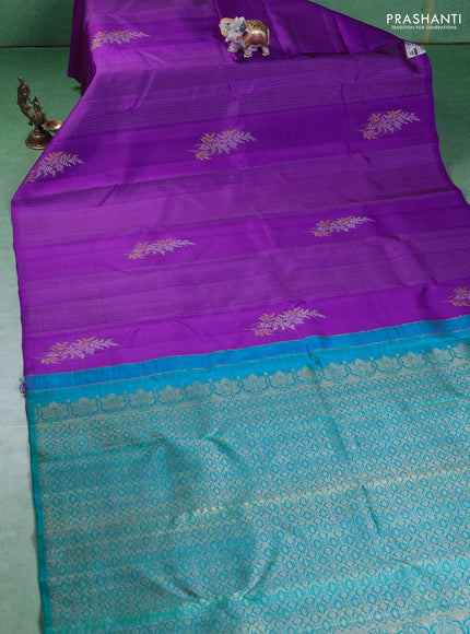 Pure kanchipuram silk saree purple and teal shade with zari weaves & buttas in borderless style