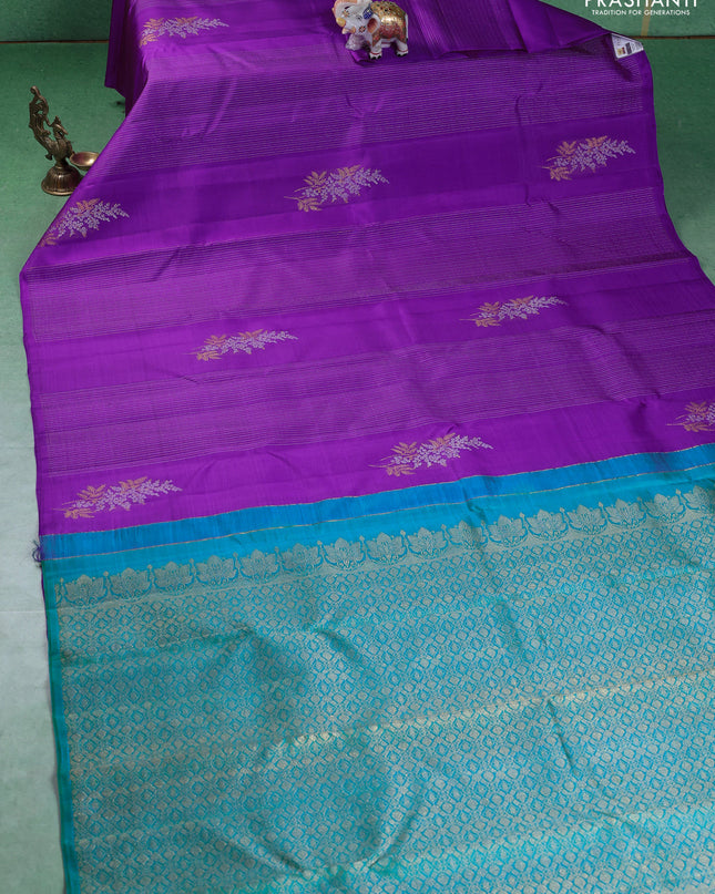 Pure kanchipuram silk saree purple and teal shade with zari weaves & buttas in borderless style