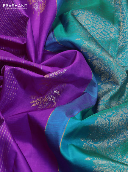 Pure kanchipuram silk saree purple and teal shade with zari weaves & buttas in borderless style