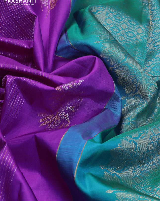 Pure kanchipuram silk saree purple and teal shade with zari weaves & buttas in borderless style