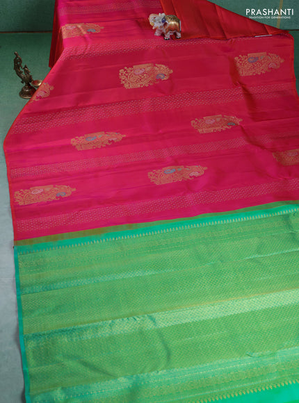 Pure kanchipuram silk saree dual shade of pinkish orange and teal green with zari weaves & buttas in borderless style