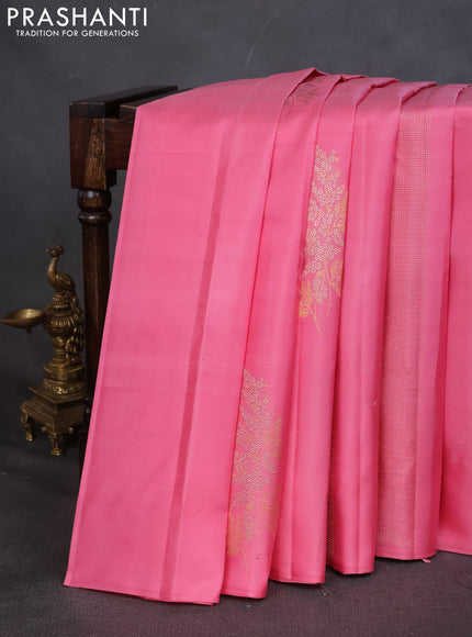 Pure kanchipuram silk saree peach pink and teal green with allover zari weaves in borderless style