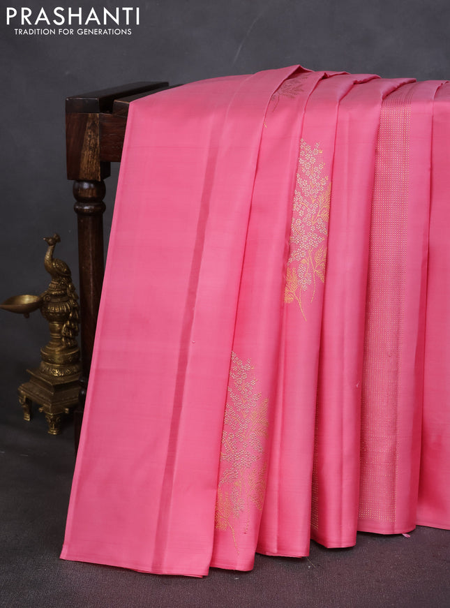 Pure kanchipuram silk saree peach pink and teal green with allover zari weaves in borderless style