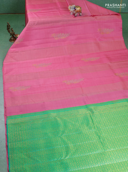Pure kanchipuram silk saree peach pink and teal green with allover zari weaves in borderless style