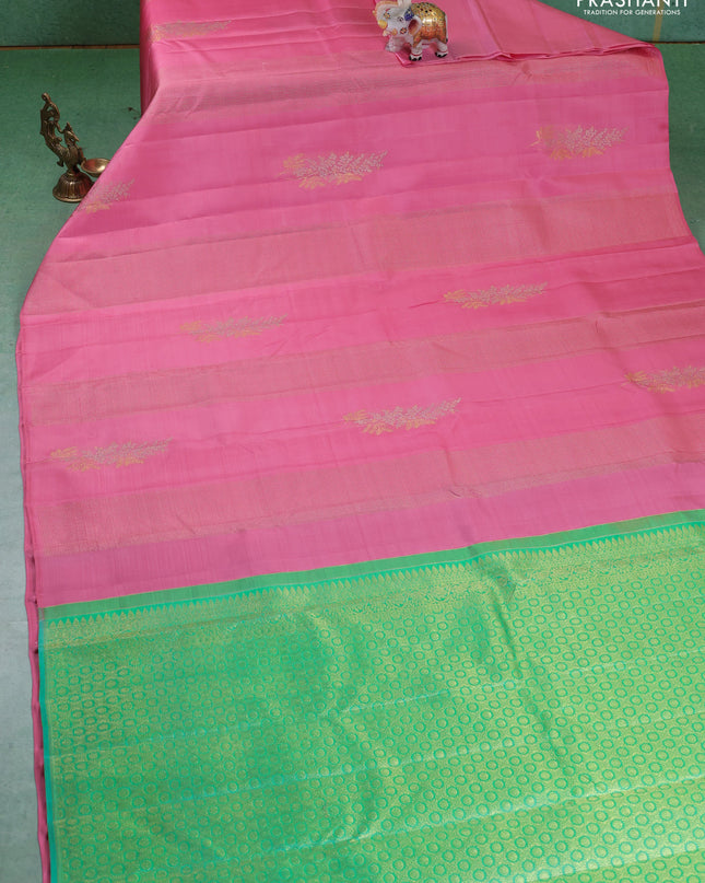 Pure kanchipuram silk saree peach pink and teal green with allover zari weaves in borderless style