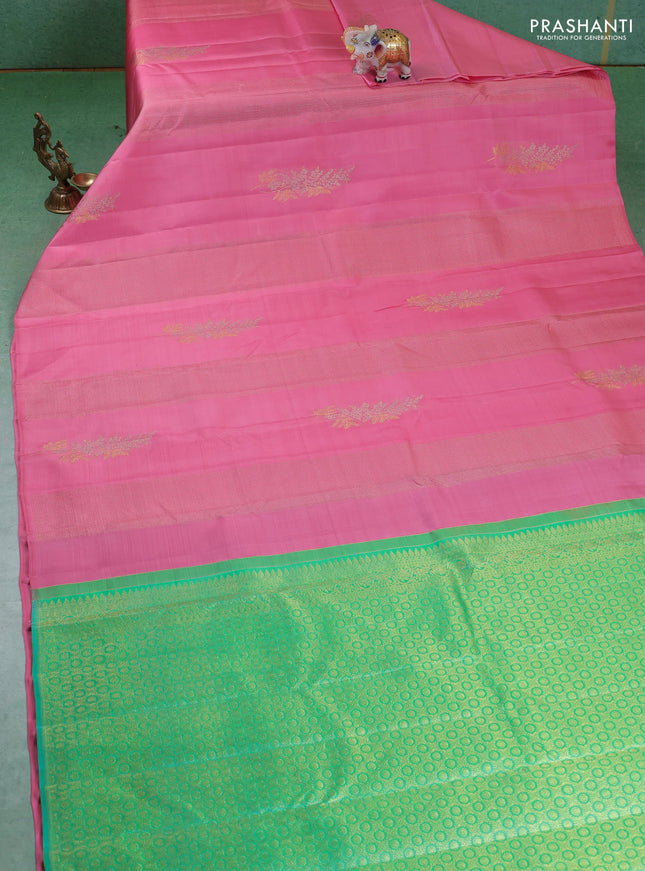 Pure kanchipuram silk saree peach pink and teal green with allover zari weaves in borderless style