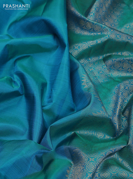 Pure kanchipuram silk saree teal blue with plain body and temple design zari woven border