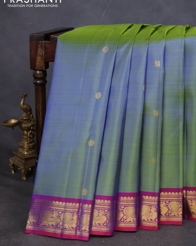 Pure kanchipuram silk saree dual shade of green and dual shade of maroon with zari woven buttas and annam zari woven border