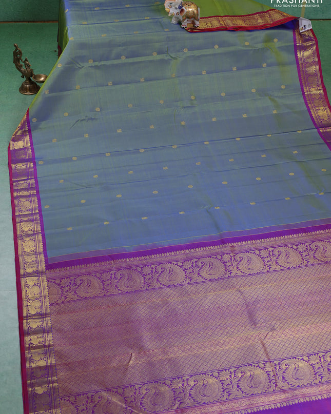 Pure kanchipuram silk saree dual shade of green and dual shade of maroon with zari woven buttas and annam zari woven border