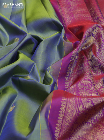 Pure kanchipuram silk saree dual shade of green and dual shade of maroon with zari woven buttas and annam zari woven border